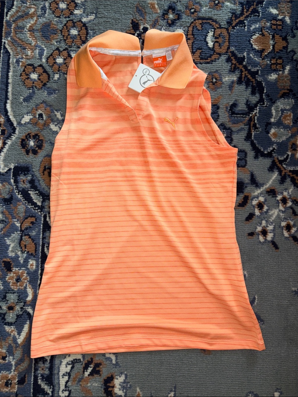Puma Coral Orange Striped Sleeveless Polo Tank